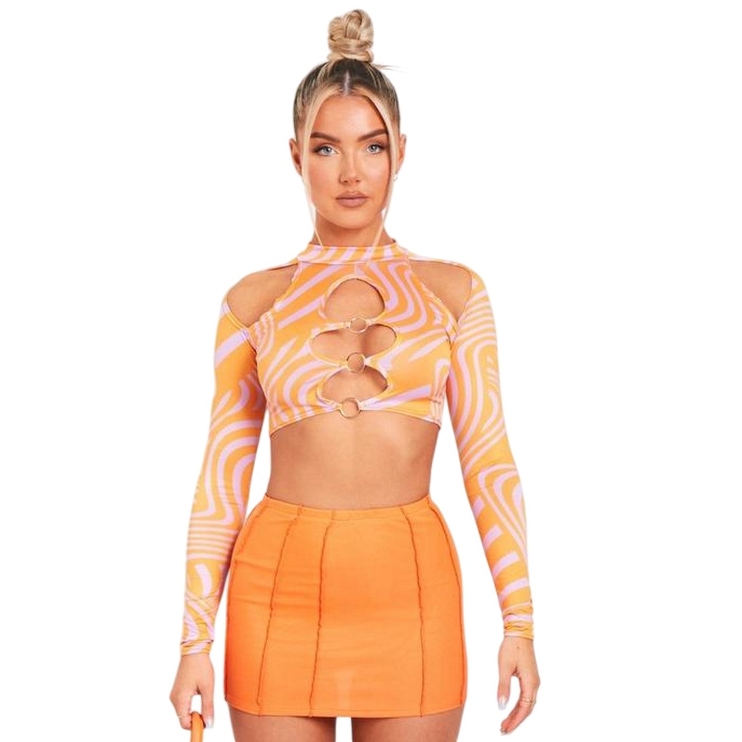 Pink Print - Back - Missy Empire Womens-Ladies Cut Out Long-Sleeved Crop Top