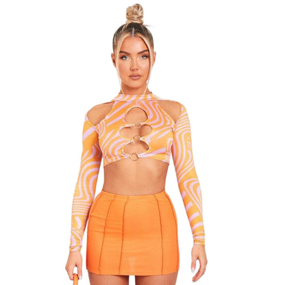 Pink Print - Back - Missy Empire Womens-Ladies Cut Out Long-Sleeved Crop Top