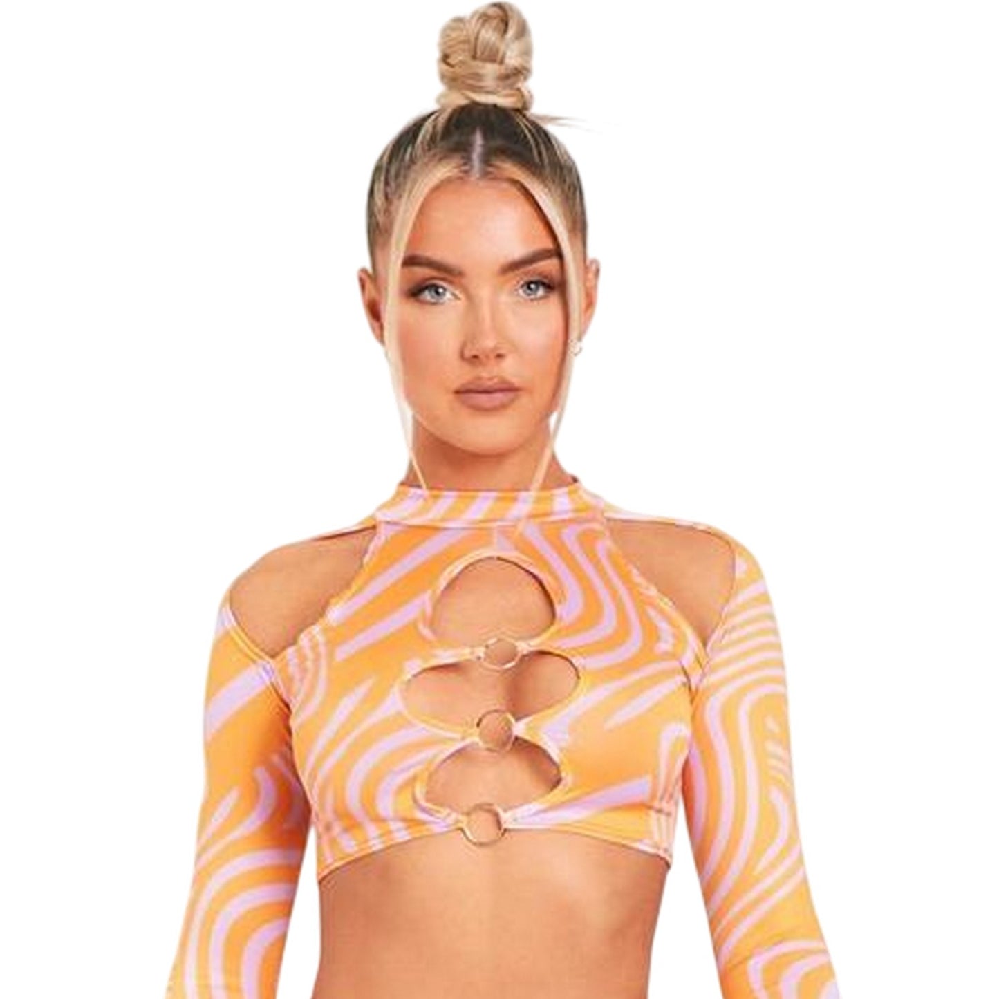 Pink Print - Side - Missy Empire Womens-Ladies Cut Out Long-Sleeved Crop Top