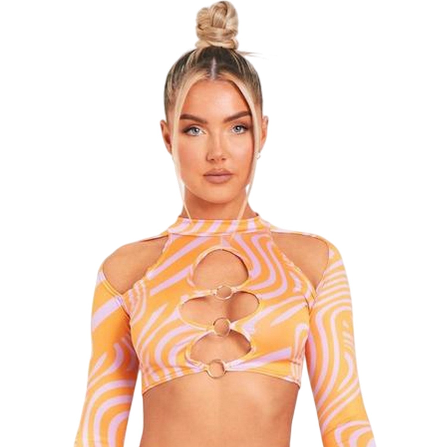 Pink Print - Side - Missy Empire Womens-Ladies Cut Out Long-Sleeved Crop Top