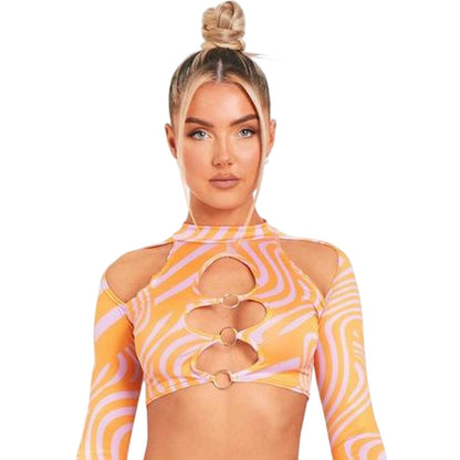 Pink Print - Side - Missy Empire Womens-Ladies Cut Out Long-Sleeved Crop Top