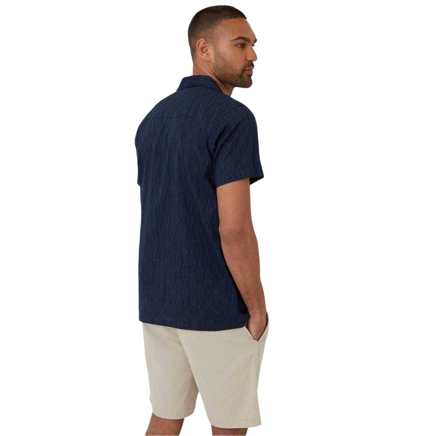 Navy - Back - Threadbare Mens Geometric Pattern Short-Sleeved Shirt
