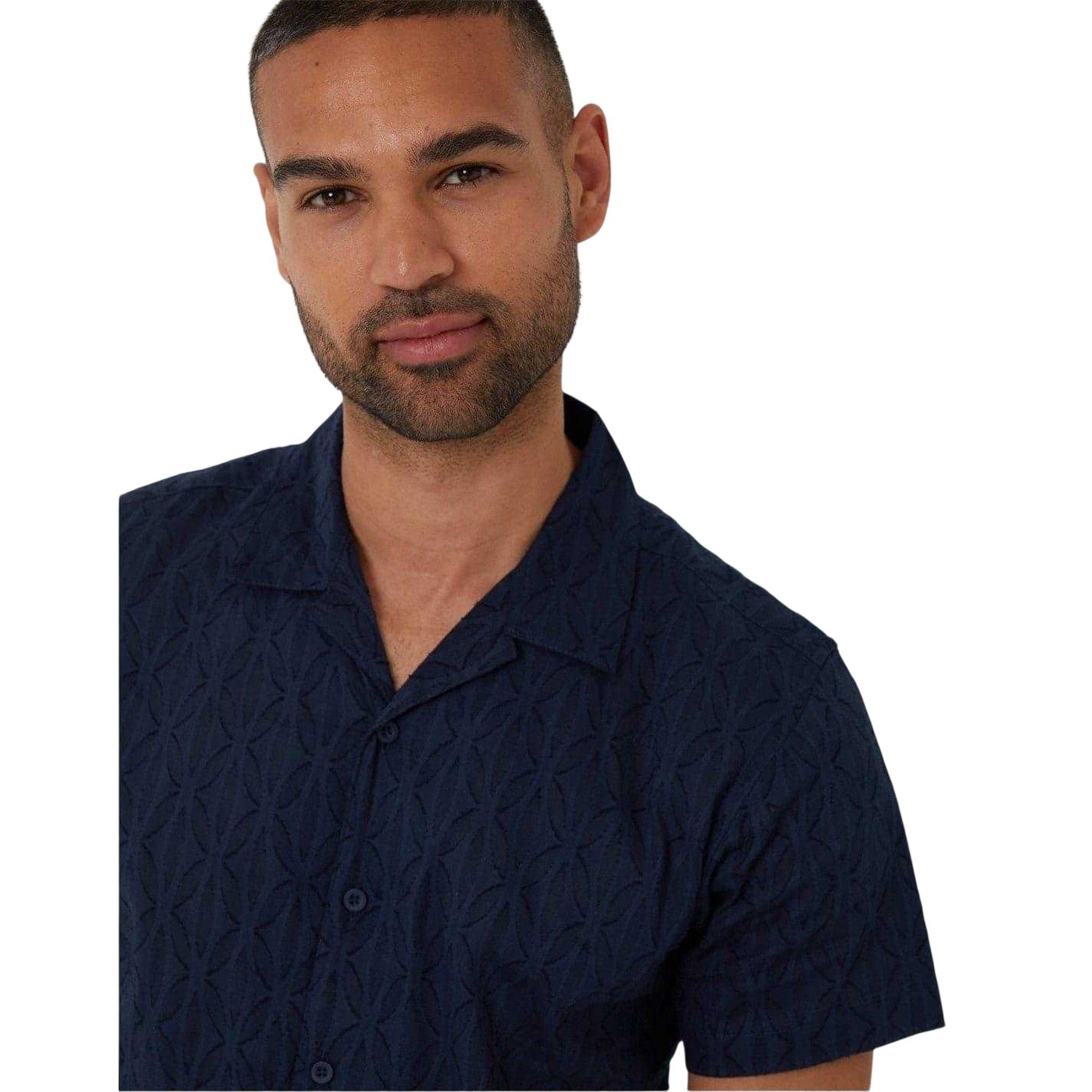 Navy - Side - Threadbare Mens Geometric Pattern Short-Sleeved Shirt