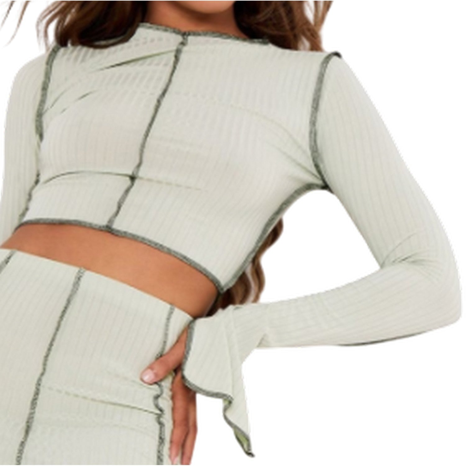 Sage - Back - Missy Empire Womens-Ladies Contrast Ribbed Slit Sleeve Crop Top