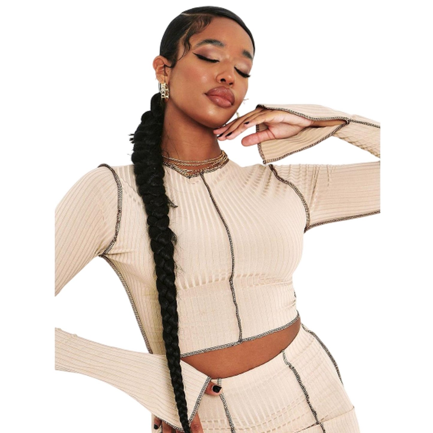 Stone - Front - Missy Empire Womens-Ladies Contrast Ribbed Slit Sleeve Crop Top