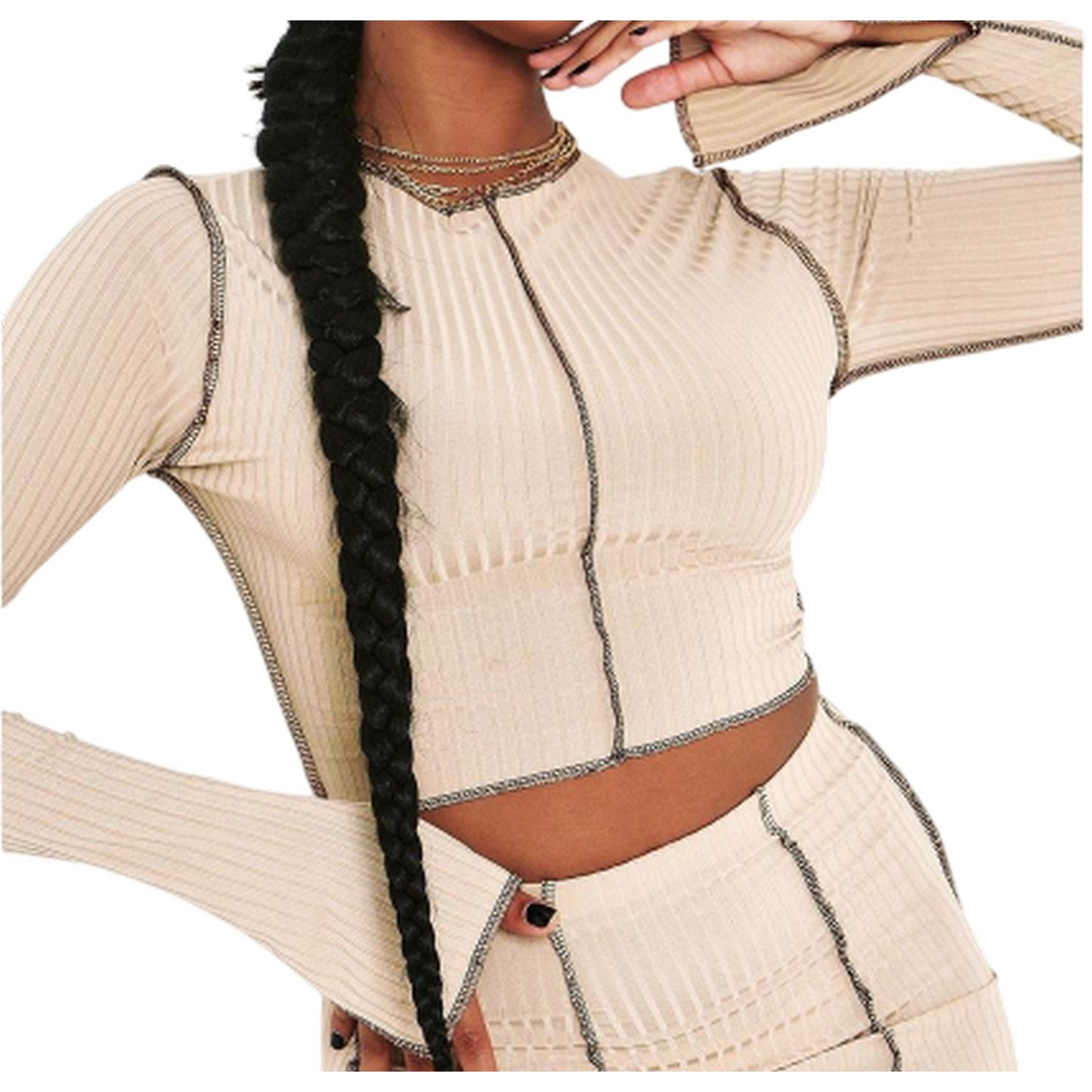 Stone - Back - Missy Empire Womens-Ladies Contrast Ribbed Slit Sleeve Crop Top