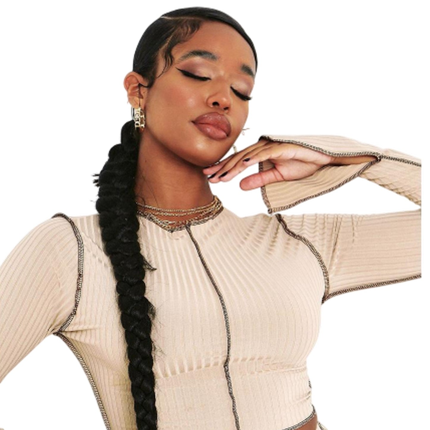 Stone - Side - Missy Empire Womens-Ladies Contrast Ribbed Slit Sleeve Crop Top