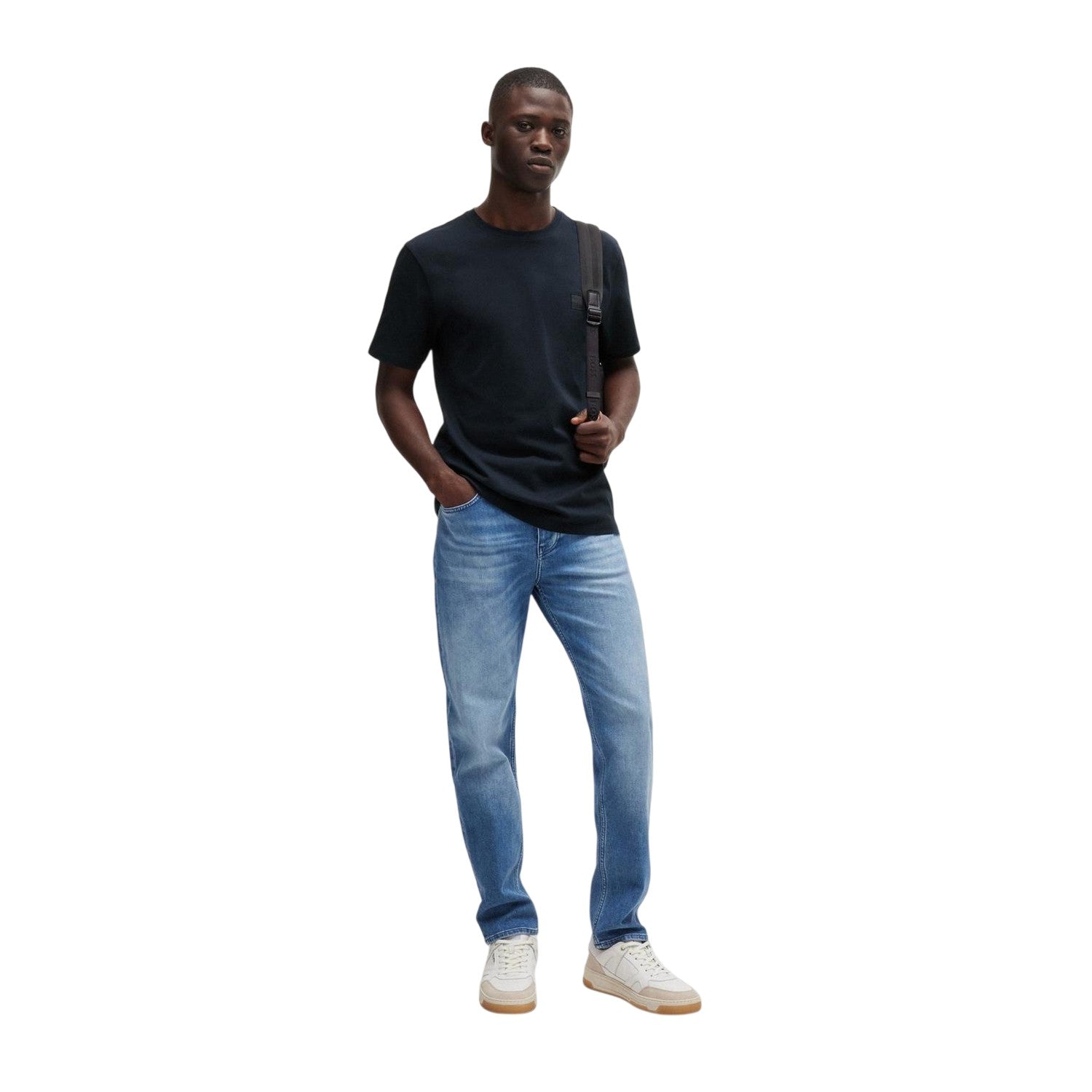 Navy - Side - Boss Mens Orange Premium Cotton T-Shirt