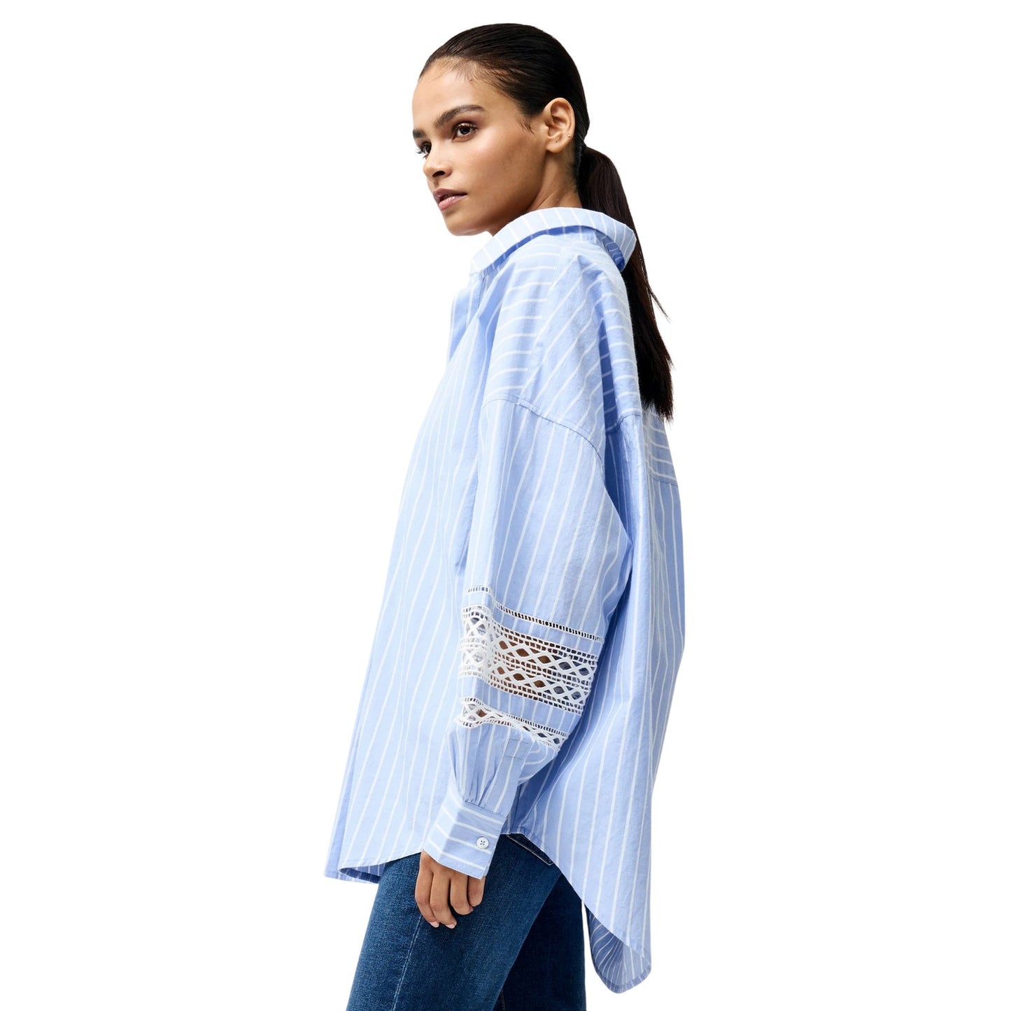 Blue-White Stripe - Side - French Connection Womens-Ladies Striped Cotton Blend Shirt