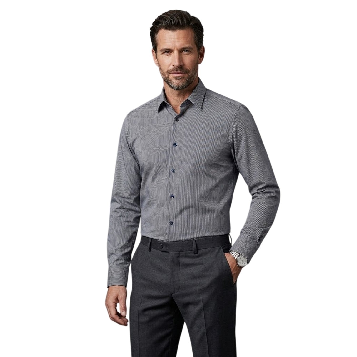 Dark Blue - Side - Boss Mens Striped Regular Long-Sleeved Shirt