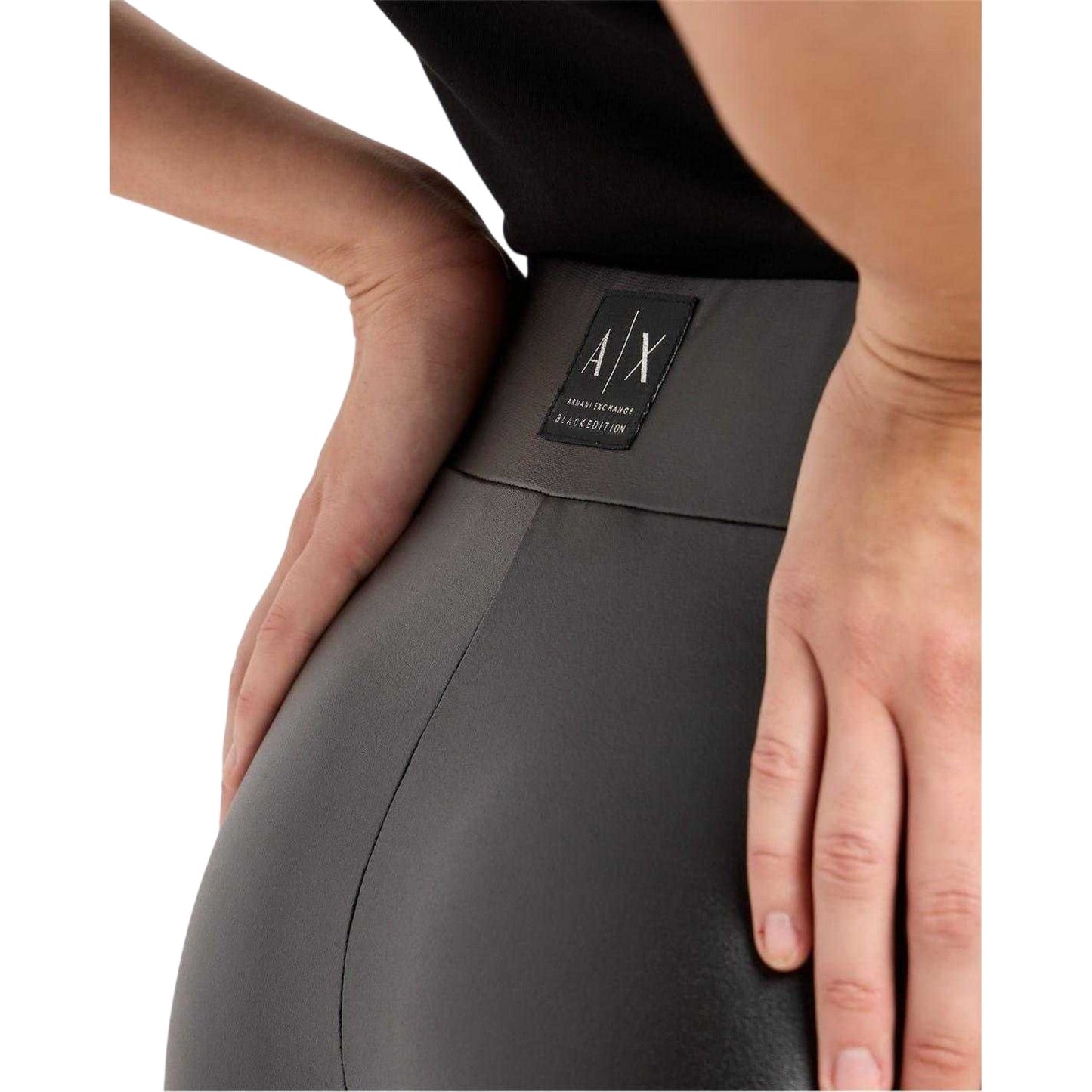 Black - Side - Armani Exchange Womens-Ladies Leather Plain High Waist Leggings