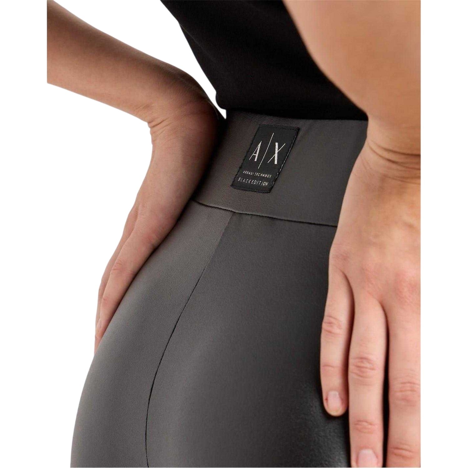 Black - Side - Armani Exchange Womens-Ladies Leather Plain High Waist Leggings