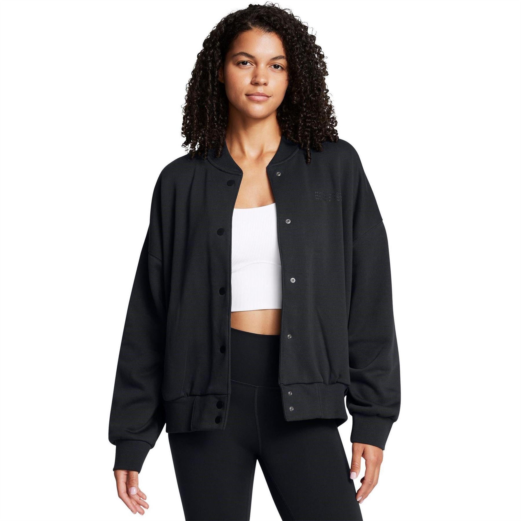 Black - Side - Under Armour Womens-Ladies Fleece Varsity Jacket
