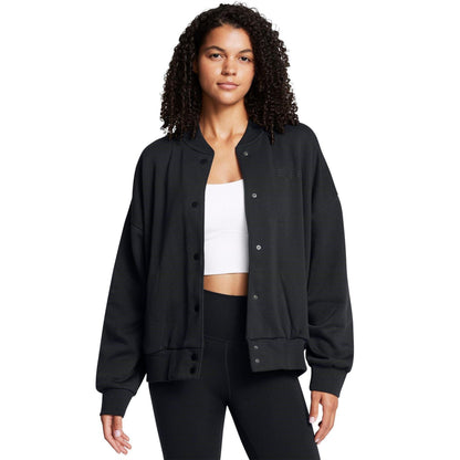 Black - Side - Under Armour Womens-Ladies Fleece Varsity Jacket