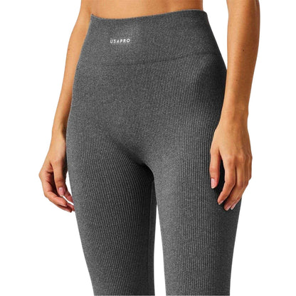 Espresso Marl - Side - USA Pro Womens-Ladies Ribbed High Waist Leggings