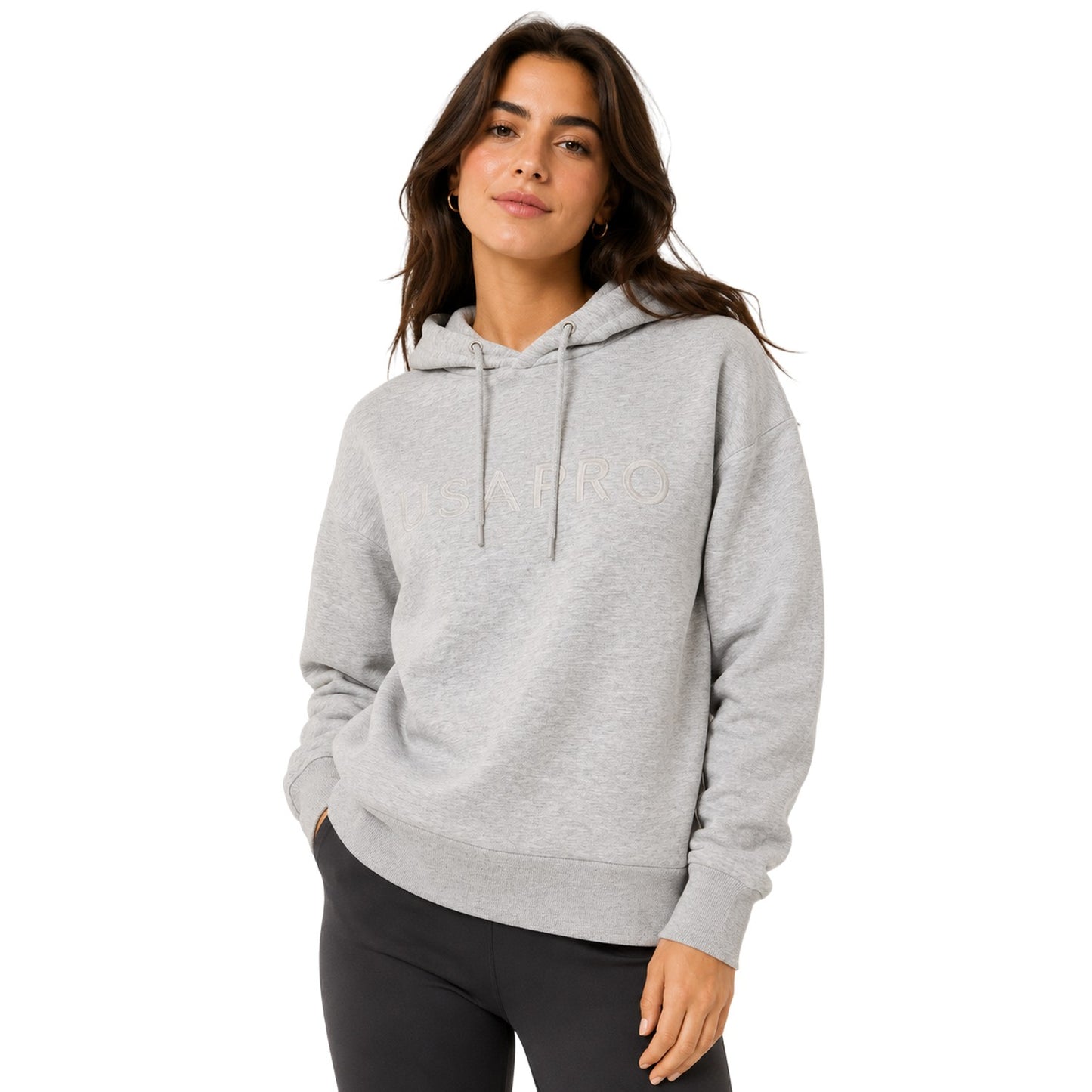 Grey Marl - Side - USA Pro Womens-Ladies Logo Marl Classic Drawstring Hoodie