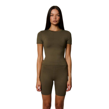 Khaki - Back - Honeyz Womens-Ladies Signature Slim Cycling Shorts