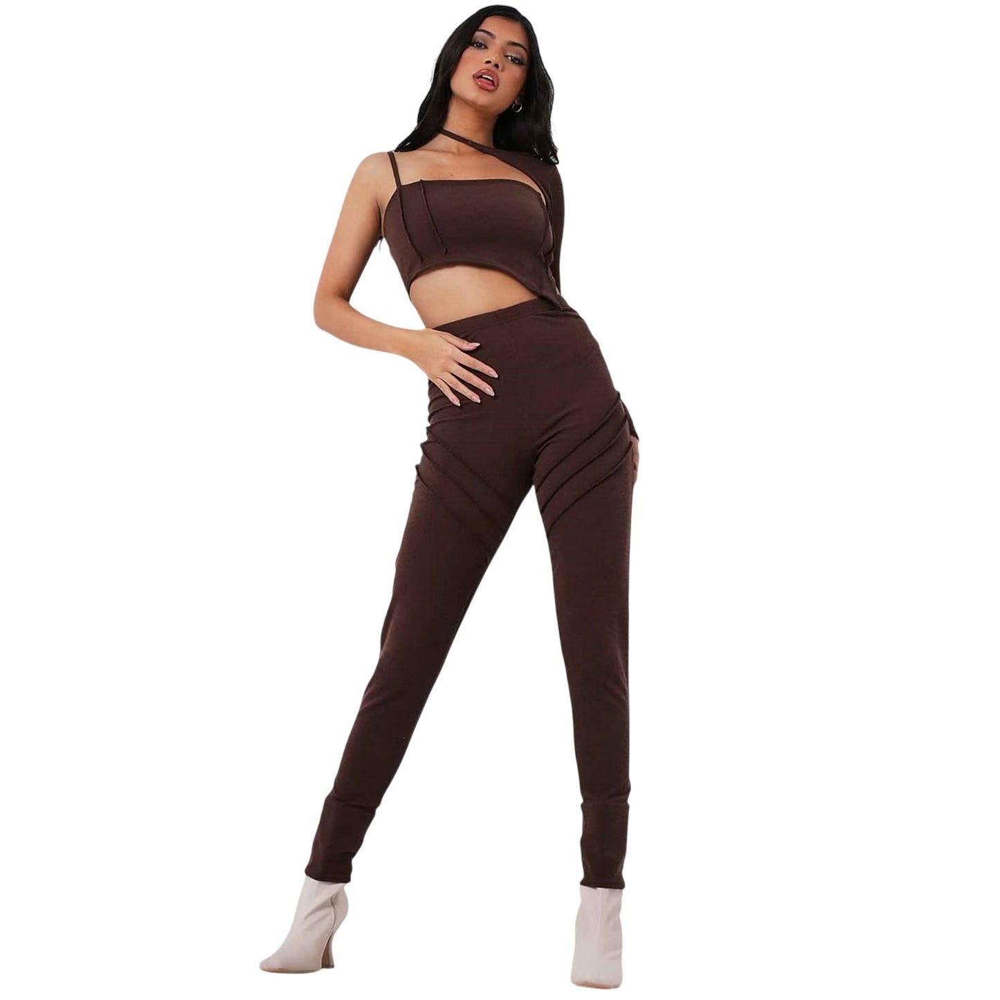 Chocolate - Back - Missy Empire Womens-Ladies Panel Fitted Leggings