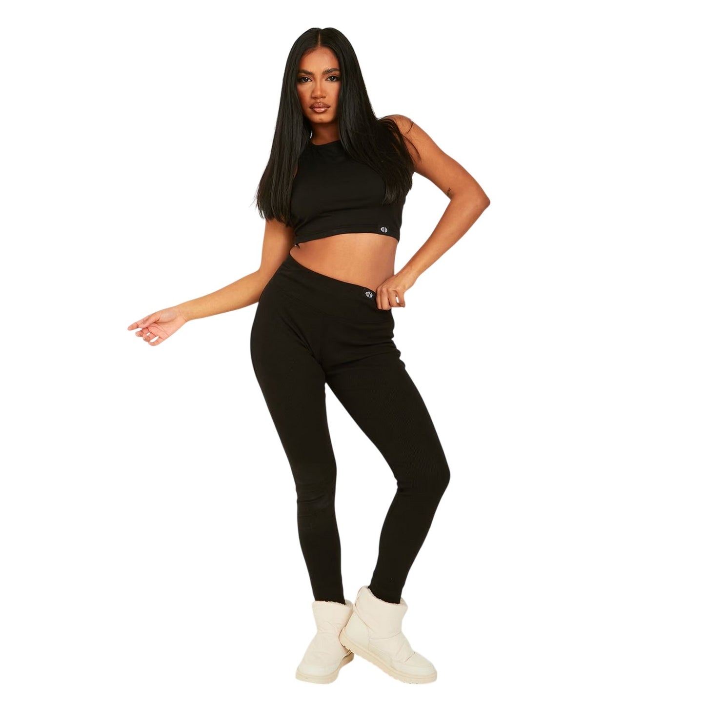 Black - Back - Missy Empire Womens-Ladies Ribbed Tab Detail Leggings
