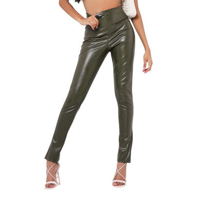 Khaki Green - Back - Missy Empire Womens-Ladies Vegan Leather Side Slit Leggings