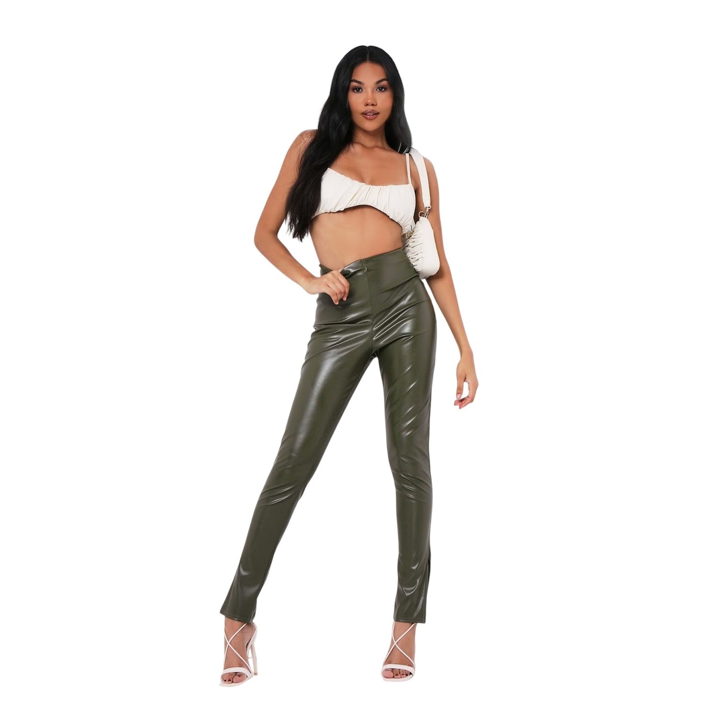 Khaki Green - Side - Missy Empire Womens-Ladies Vegan Leather Side Slit Leggings