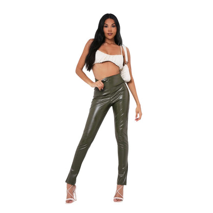 Khaki Green - Side - Missy Empire Womens-Ladies Vegan Leather Side Slit Leggings