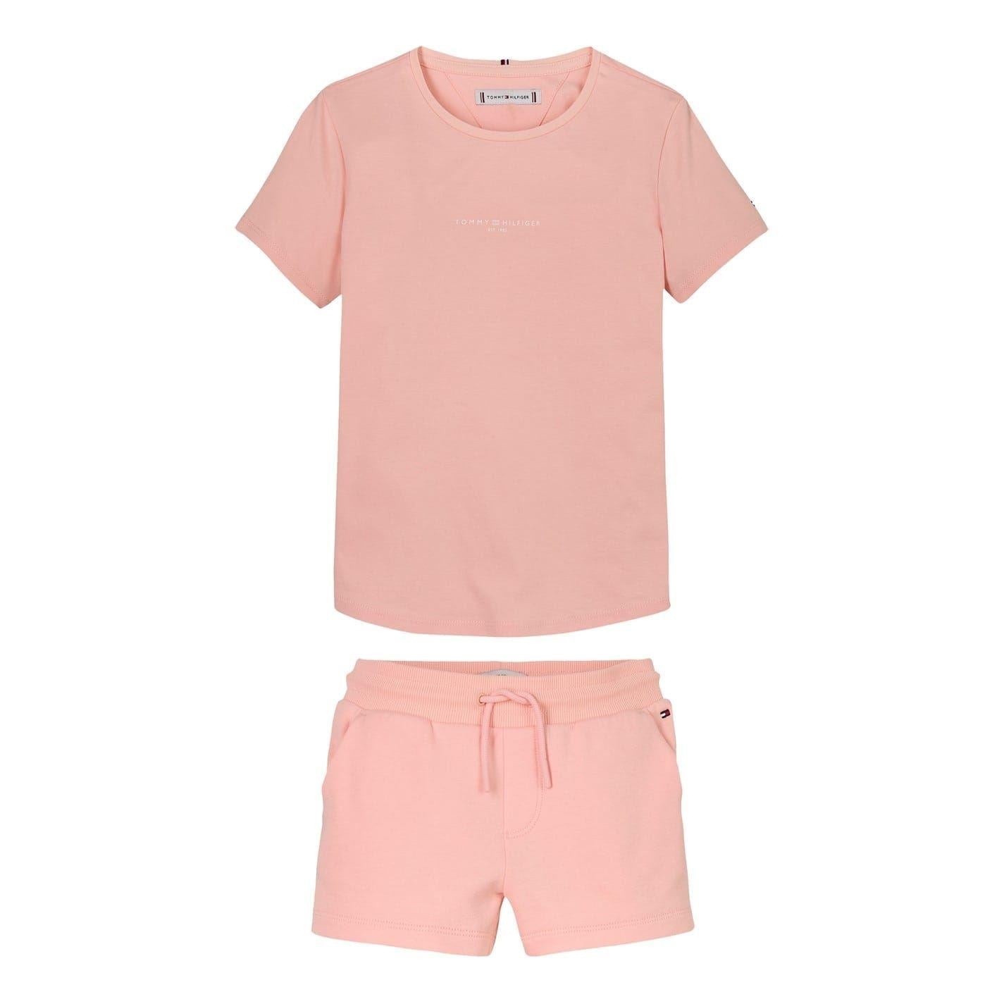 Coral - Front - Tommy Hilfiger Childrens-Kids Corp Cotton Blend T-Shirt & Shorts Set