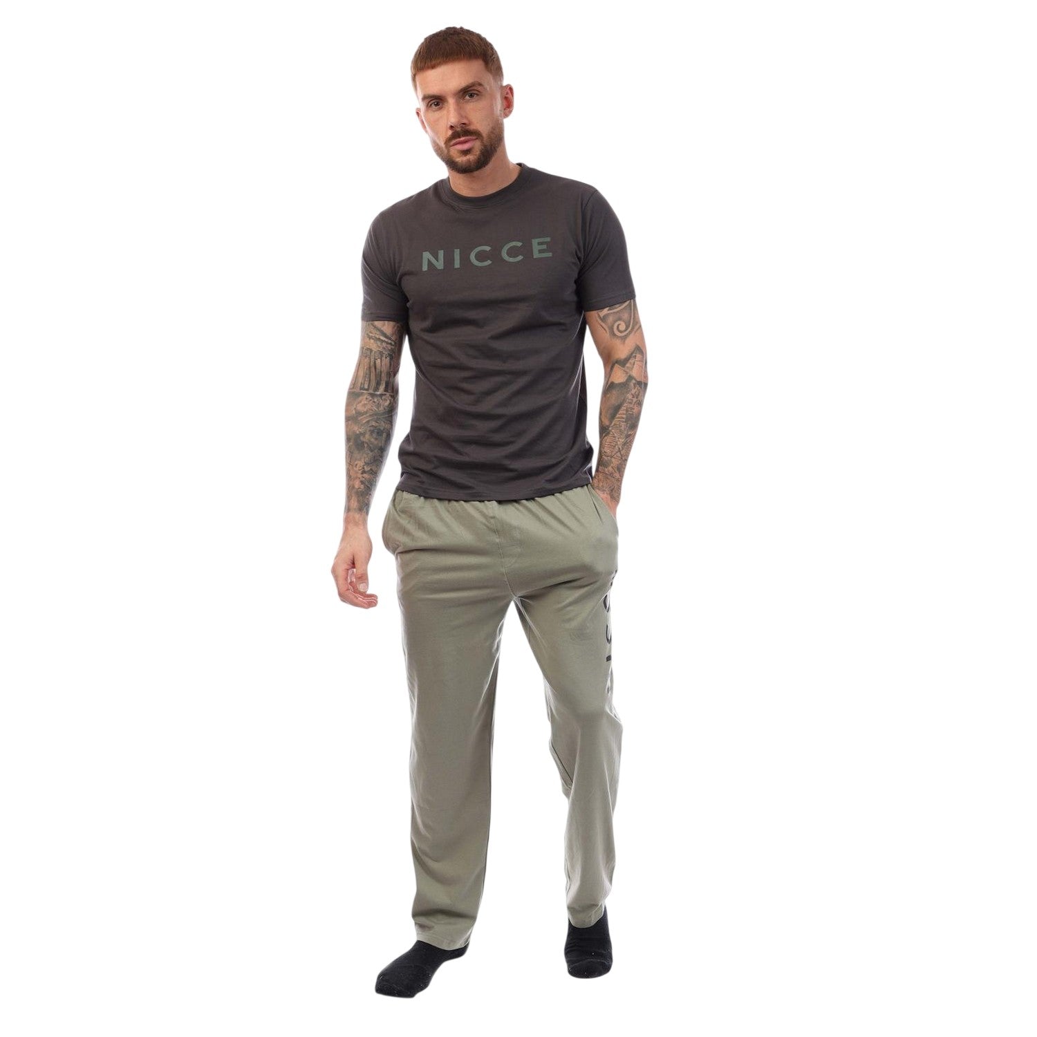 Khaki - Front - Nicce Mens Aderyn Cotton Loungewear Set