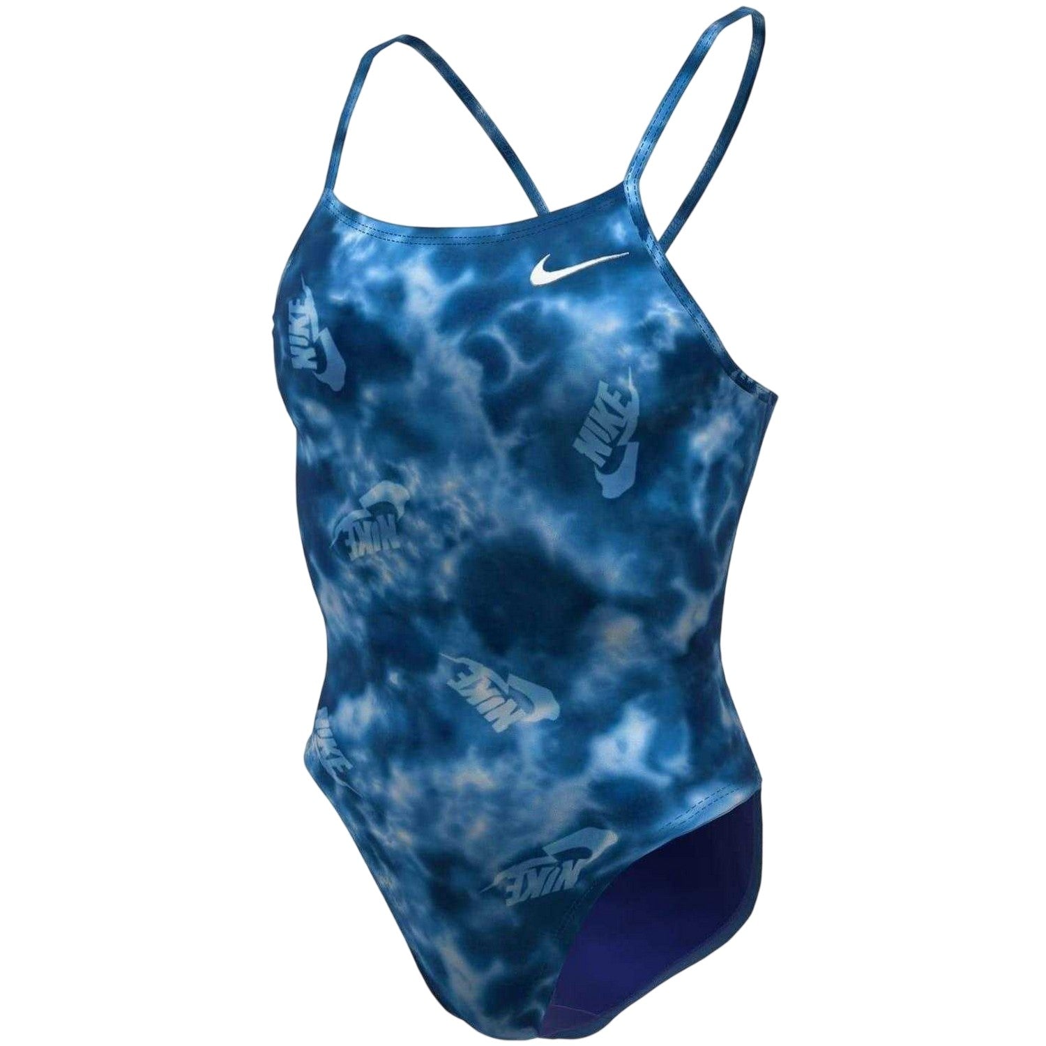 Blue - Side - Nike Womens-Ladies Tie Dye Logo Cut Out One Piece Swimsuit