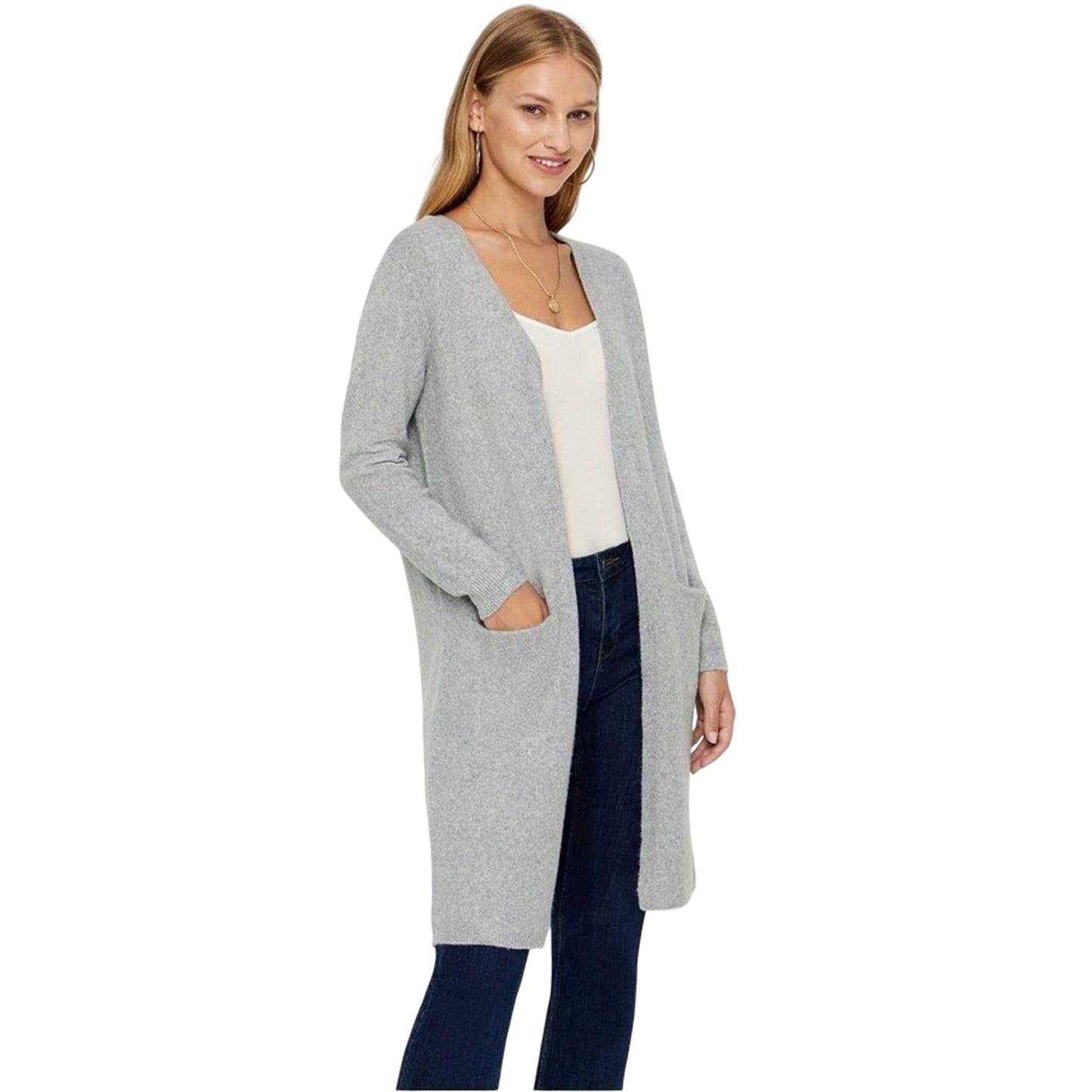 Grey - Side - Vero Moda Womens-Ladies Doffy Open Front Relaxed Fit Long-Sleeved Cardigan