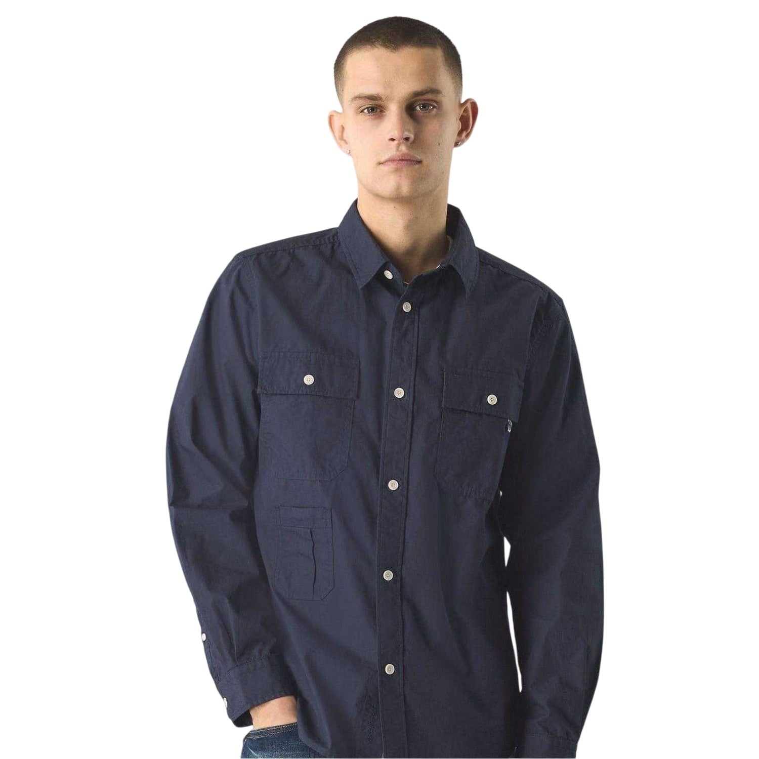 Navy - Side - Pretty Green Mens Brentwood Long-Sleeved Shirt