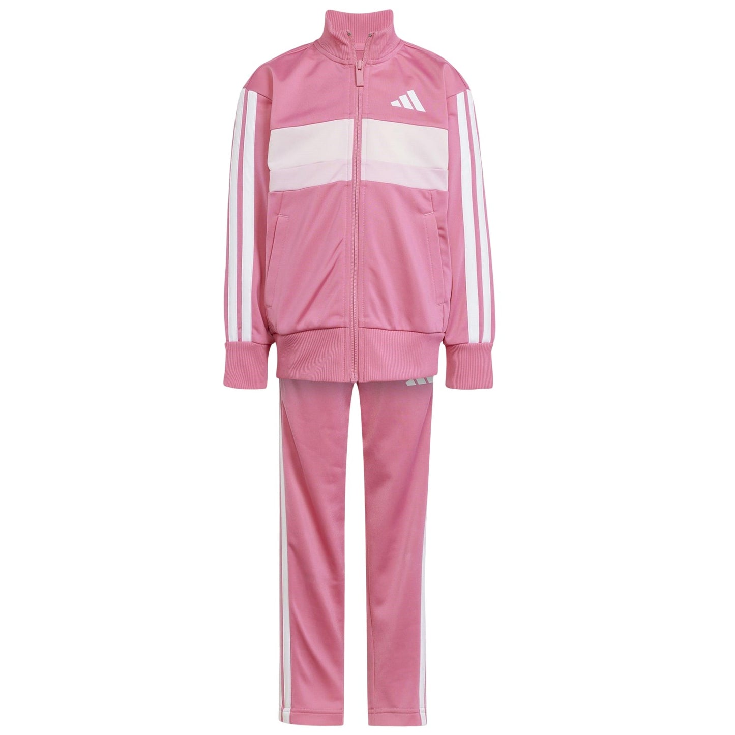 Pink-White - Front - Adidas Childrens-Kids Tiberio 3 Stripes Polyester Tracksuit Set