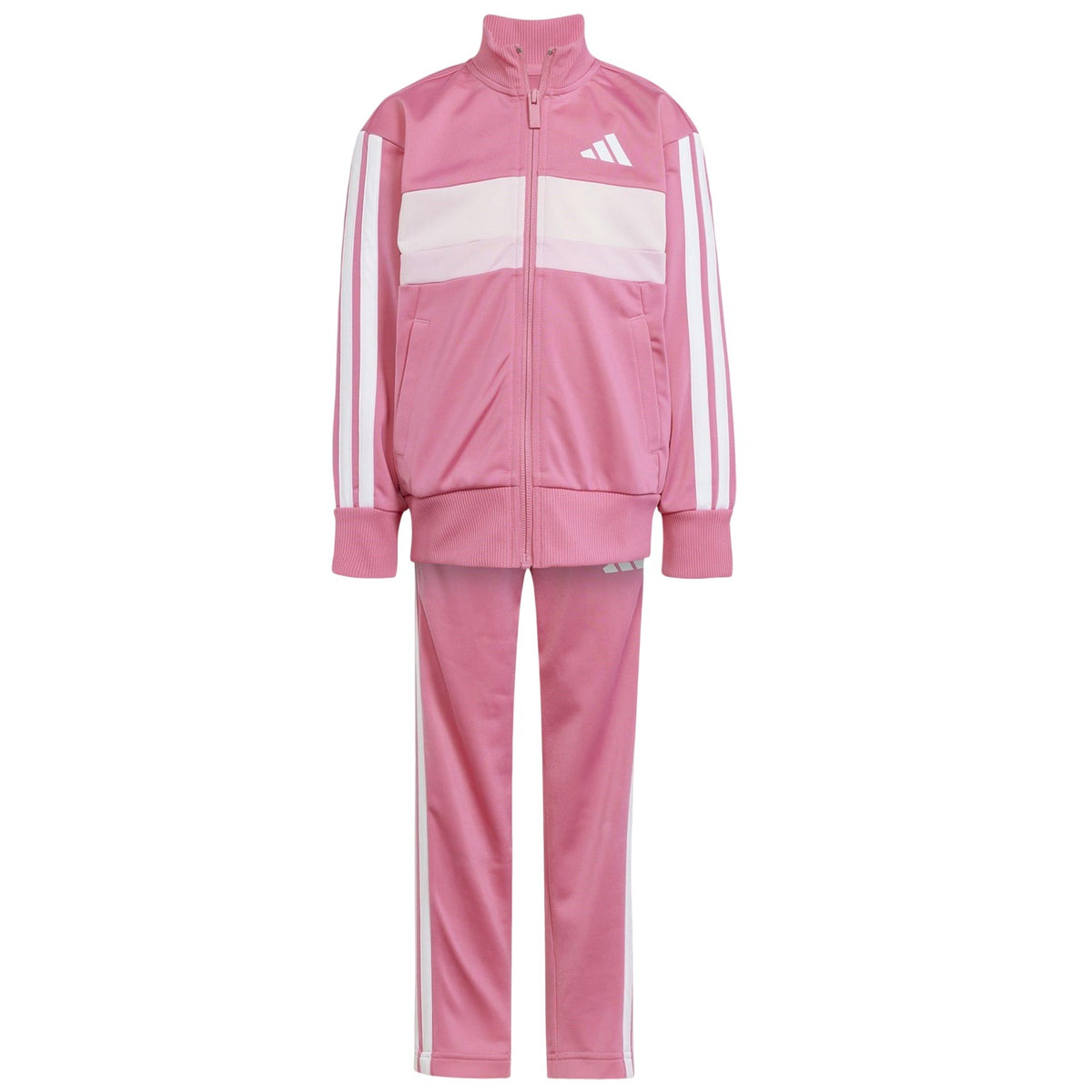 Pink-White - Front - Adidas Childrens-Kids Tiberio 3 Stripes Polyester Tracksuit Set