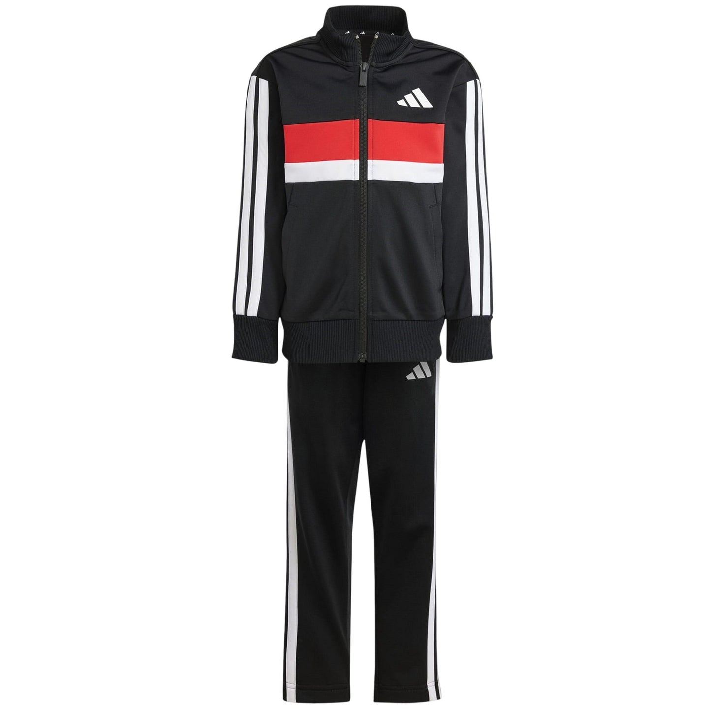 Black-Red - Front - Adidas Childrens-Kids Tiberio 3 Stripes Polyester Tracksuit Set
