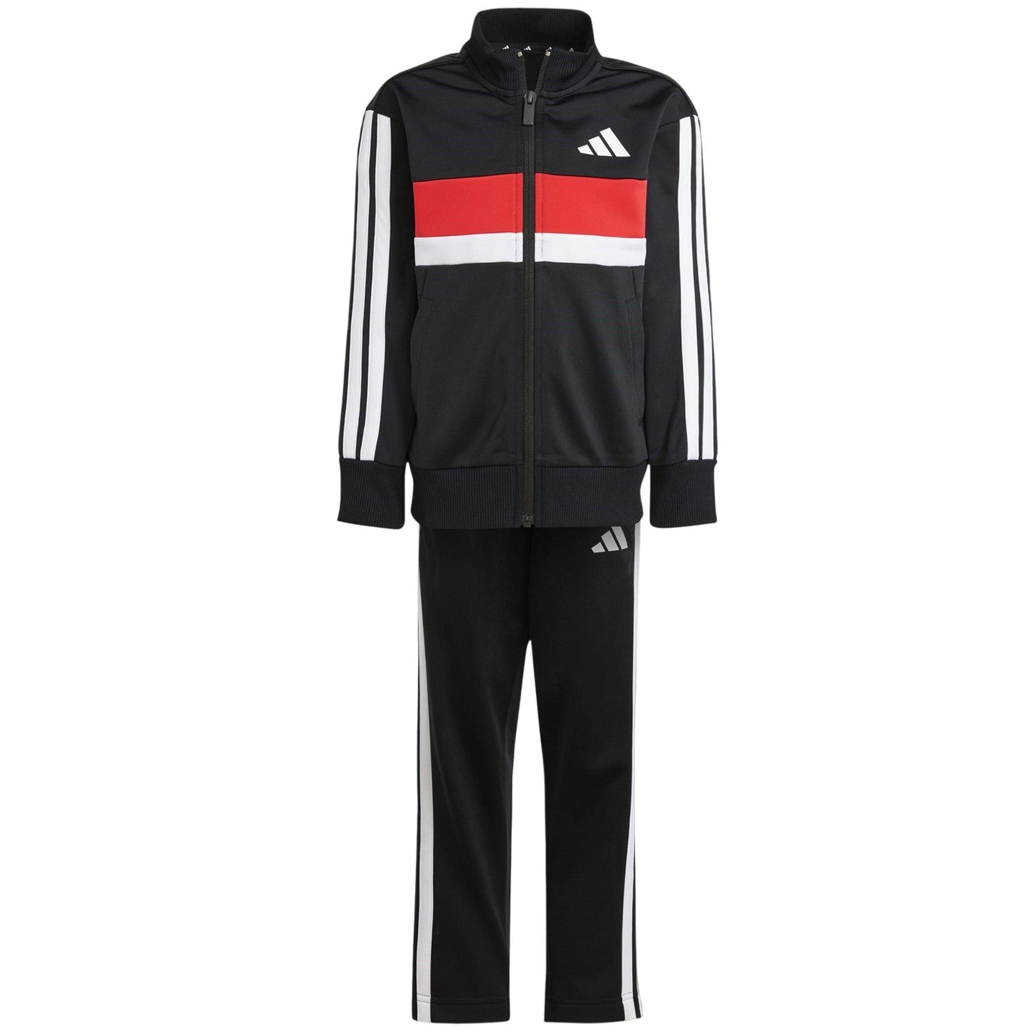 Black-Red - Front - Adidas Childrens-Kids Tiberio 3 Stripes Polyester Tracksuit Set