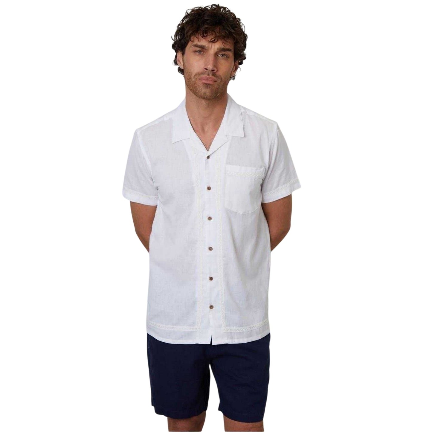 White - Front - Threadbare Mens Crochet Trim Short-Sleeved Shirt