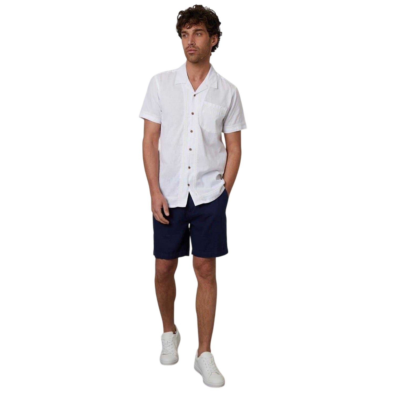 White - Lifestyle - Threadbare Mens Crochet Trim Short-Sleeved Shirt