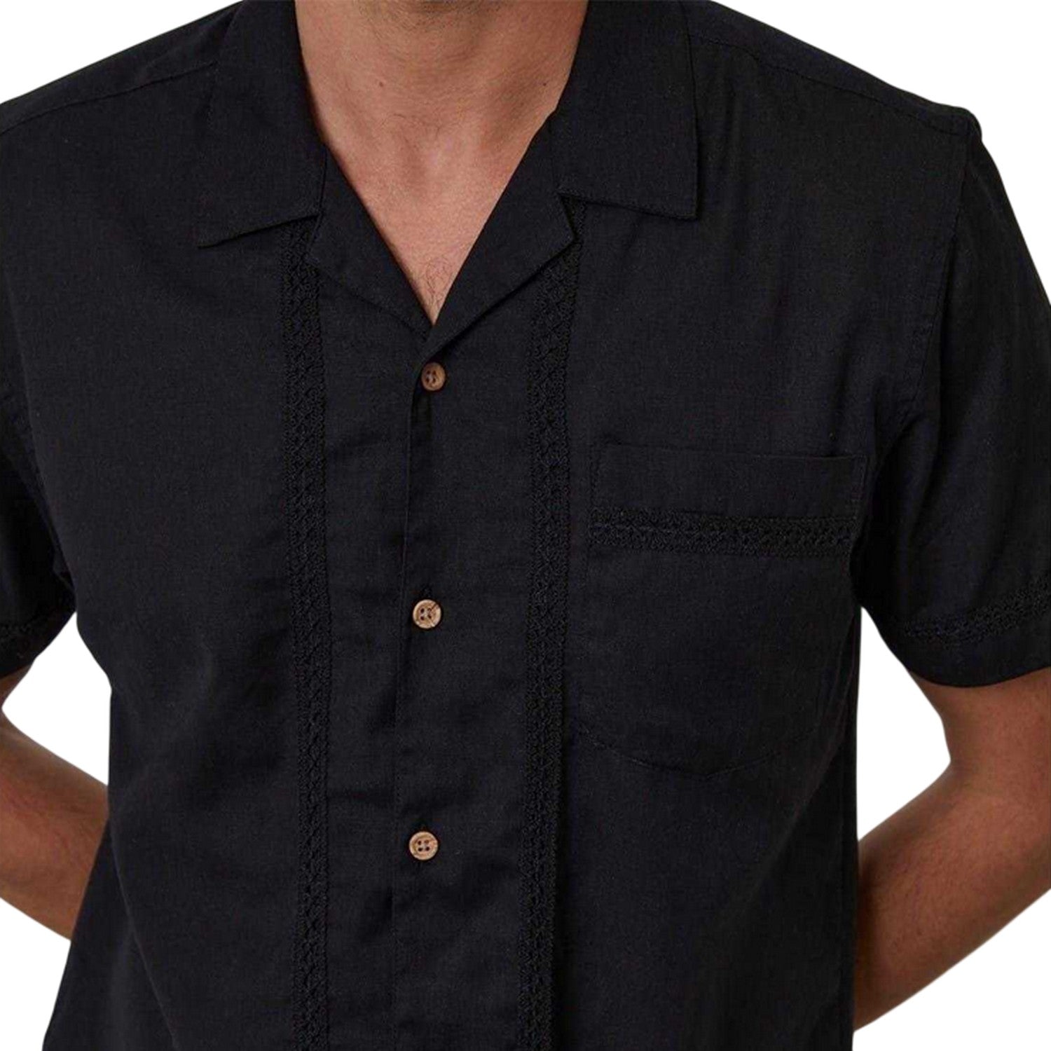 Black - Side - Threadbare Mens Crochet Trim Short-Sleeved Shirt