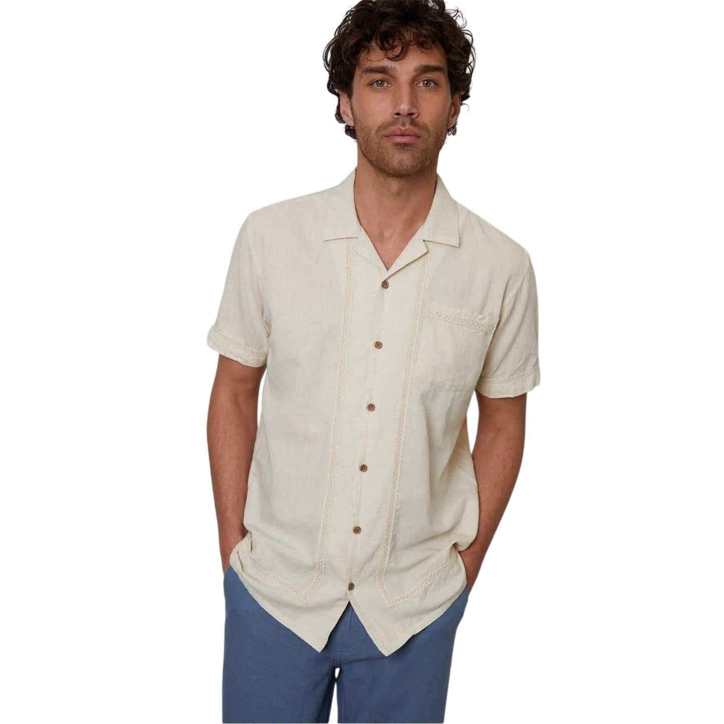 Natural - Front - Threadbare Mens Crochet Trim Short-Sleeved Shirt