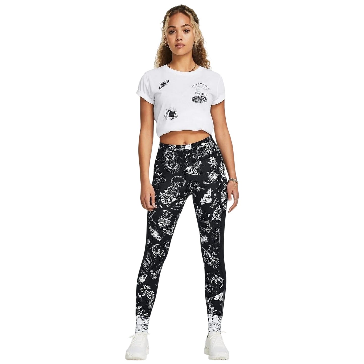 Black - Close up - Under Armour Womens-Ladies We Run Graphic Print Leggings