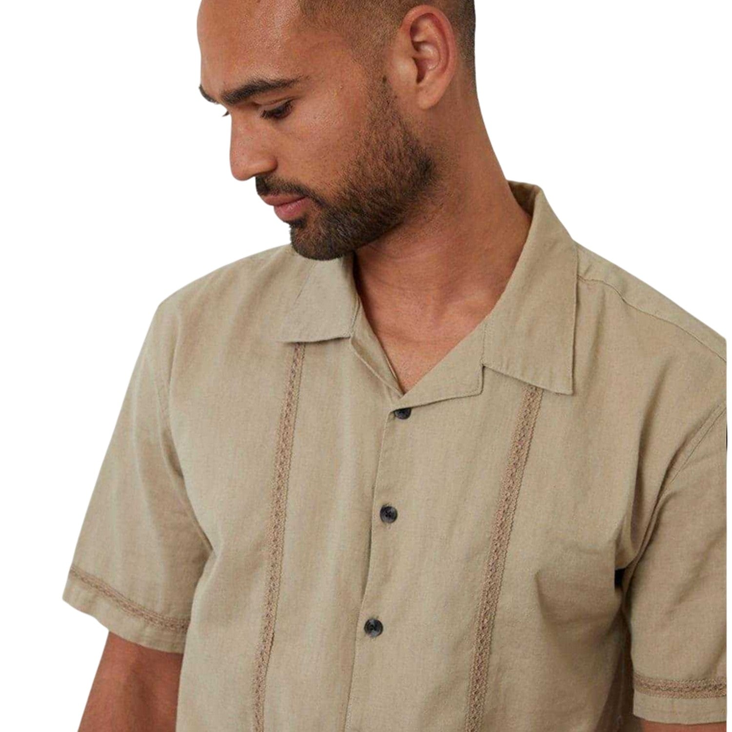 Stone - Side - Threadbare Mens Embroidered Collared Short-Sleeved Bowling Shirt