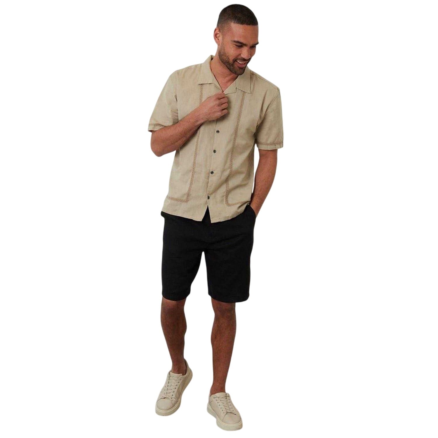Stone - Lifestyle - Threadbare Mens Embroidered Collared Short-Sleeved Bowling Shirt