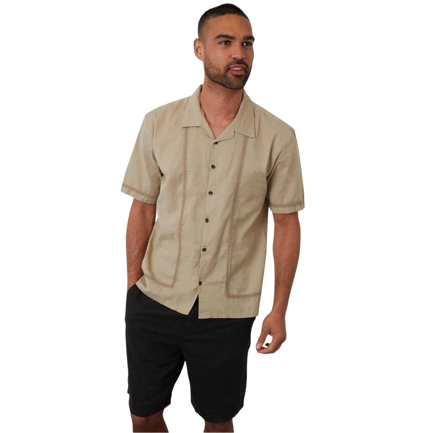 Stone - Front - Threadbare Mens Embroidered Collared Short-Sleeved Bowling Shirt