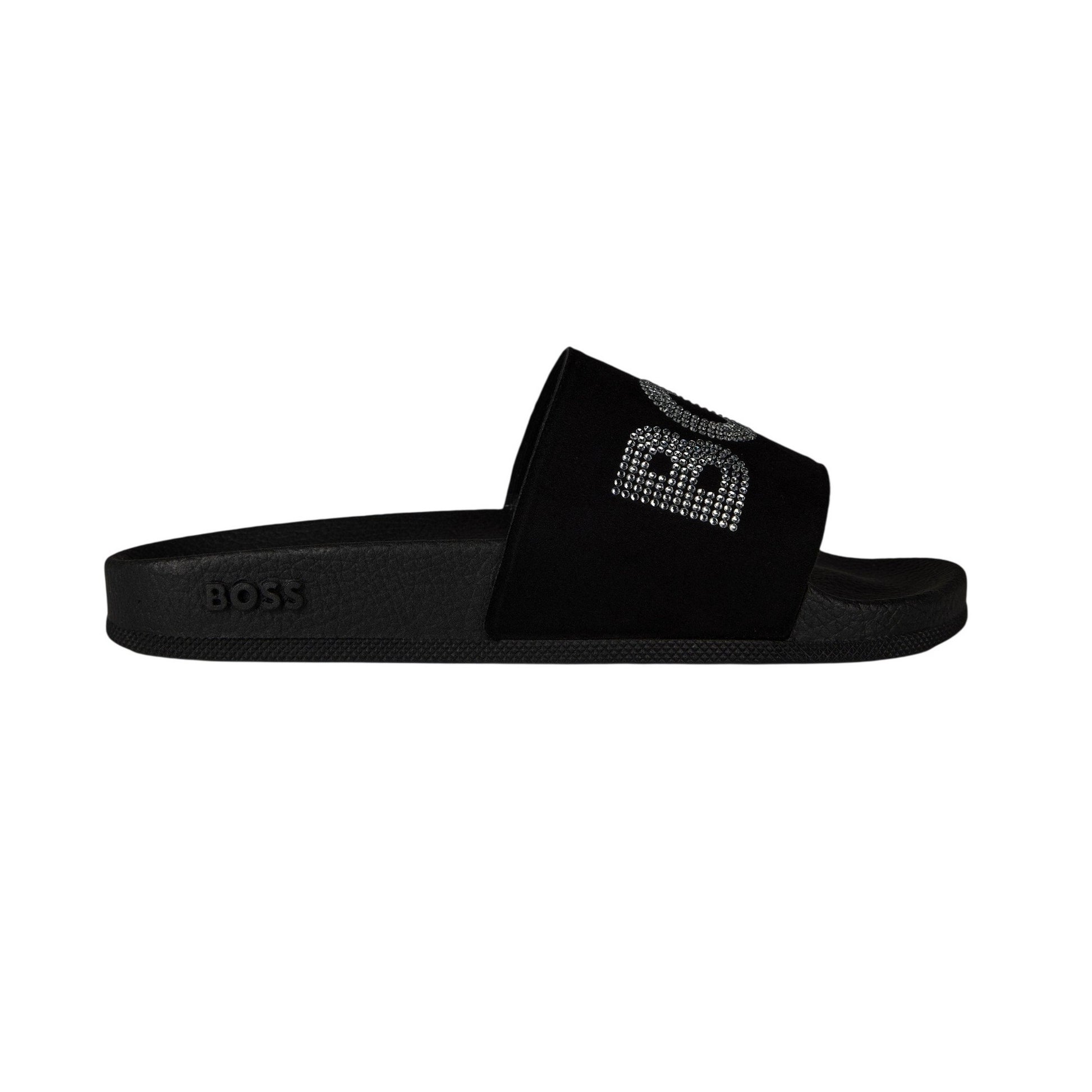Black - Side - Boss Womens-Ladies Rhinestone Pool Slides