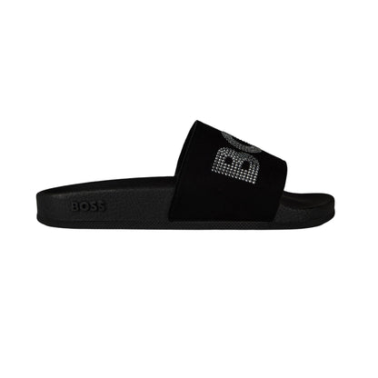 Black - Side - Boss Womens-Ladies Rhinestone Pool Slides