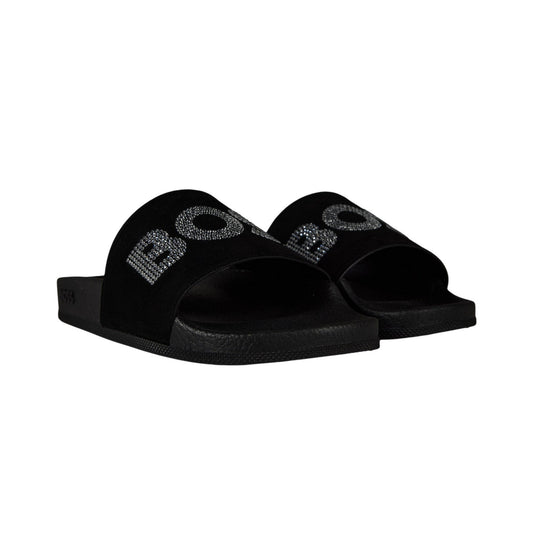 Black - Front - Boss Womens-Ladies Rhinestone Pool Slides