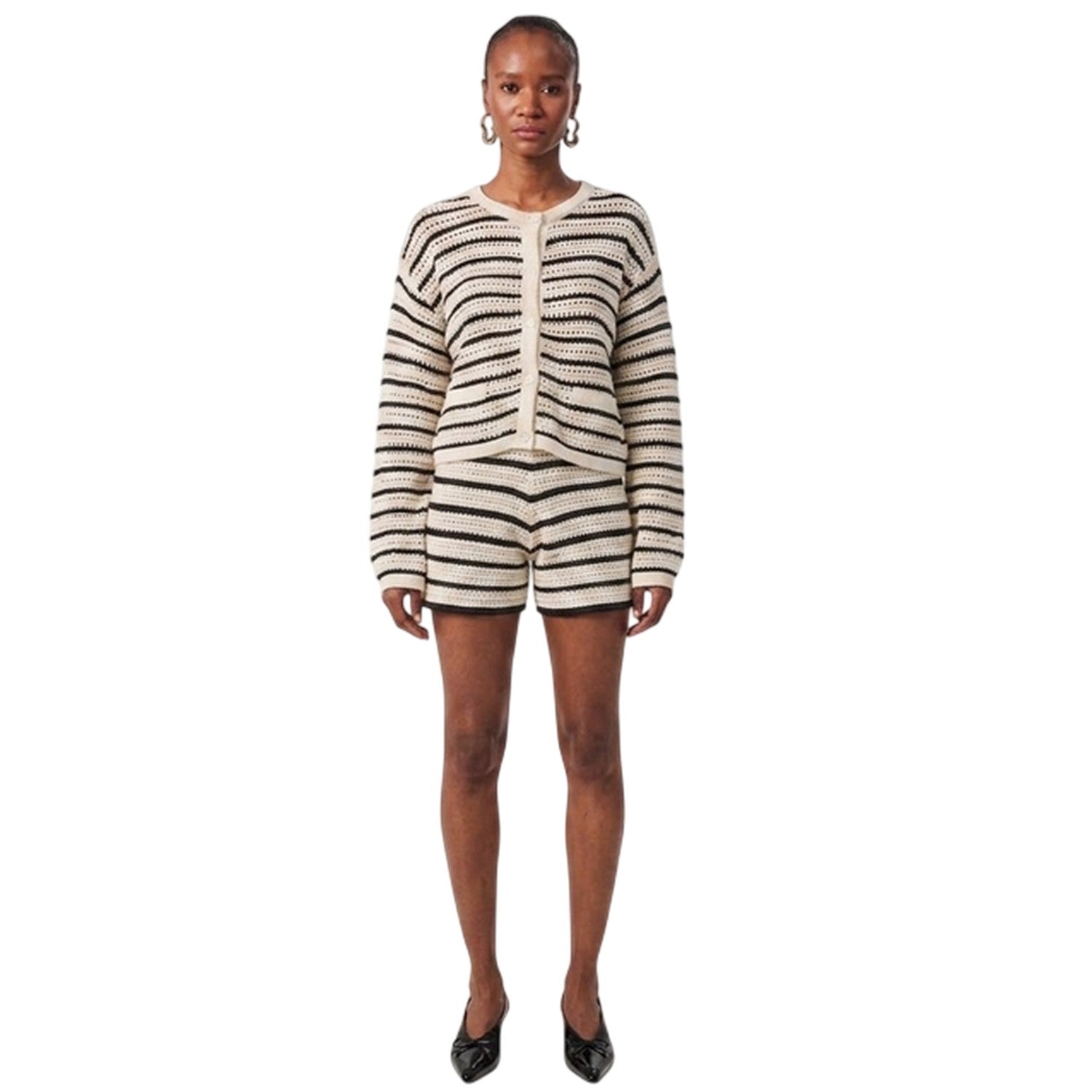 Black-Off White - Close up - Edited Womens-Ladies Heinke Crochet Stripe Shorts