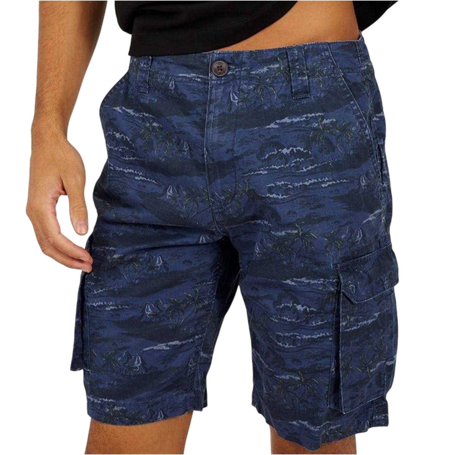 Navy - Side - Brave Soul Mens Palm Print Cargo Shorts