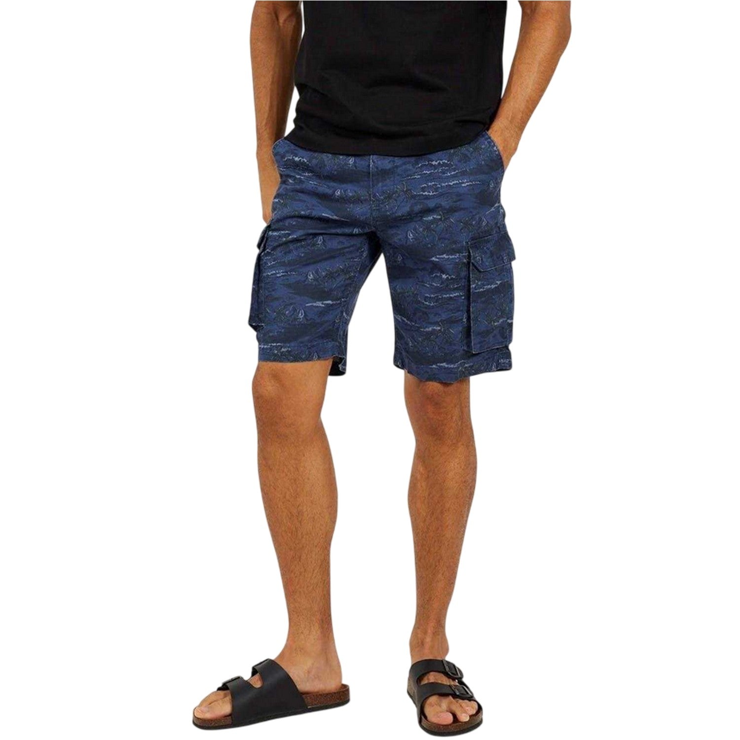 Navy - Front - Brave Soul Mens Palm Print Cargo Shorts