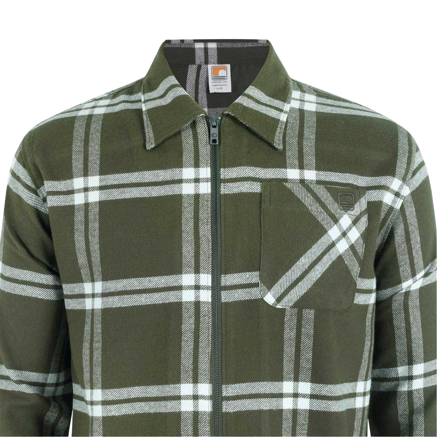 Khaki Green - Lifestyle - SoulCal Mens Checked Flannel Full Zip Long-Sleeved Shacket